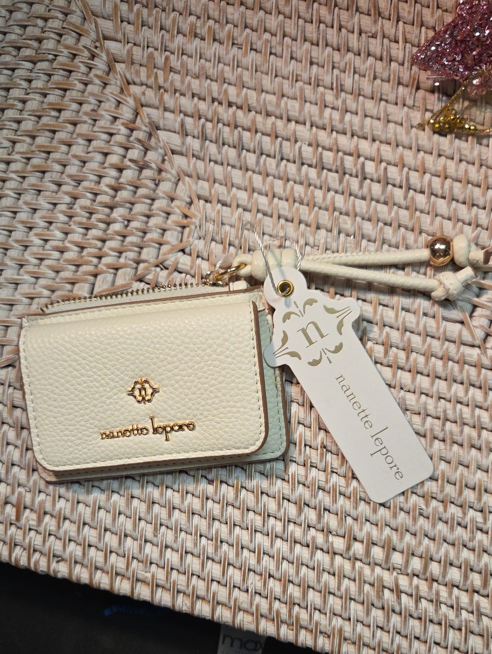 Nanette Lepore Cream Pebbled Leather Zip Card Holder with Gold Hardware